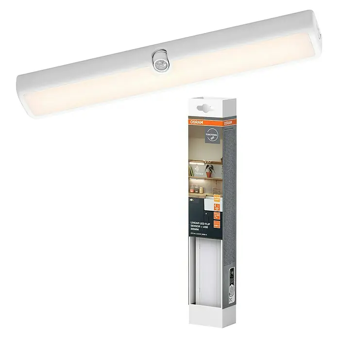 Osram LED-Unterbauleuchte Linear Flip - L x B x H: 30,5 x 4,9 x 2,6 cm, Lichtfarbe: Warmweiß - Das Bild zeigt eine OSRAM Linear LED Flip Sensor-Leuchte mit USB-Anschluss, zusammen mit ihrer Verpackung. Die Leuchte ist weiß und leuchtet.