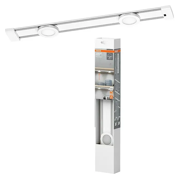 Osram LED-Unterbauleuchte Linear Magnet - L x B x H: 44,5 x 7,1 x 5,9 cm, Lichtfarbe: Kaltweiß, 220 V - 240 V - Ein lineares LED-Magnetbeleuchtungssystem von Osram, präsentiert in einer schlichten Produktverpackung.