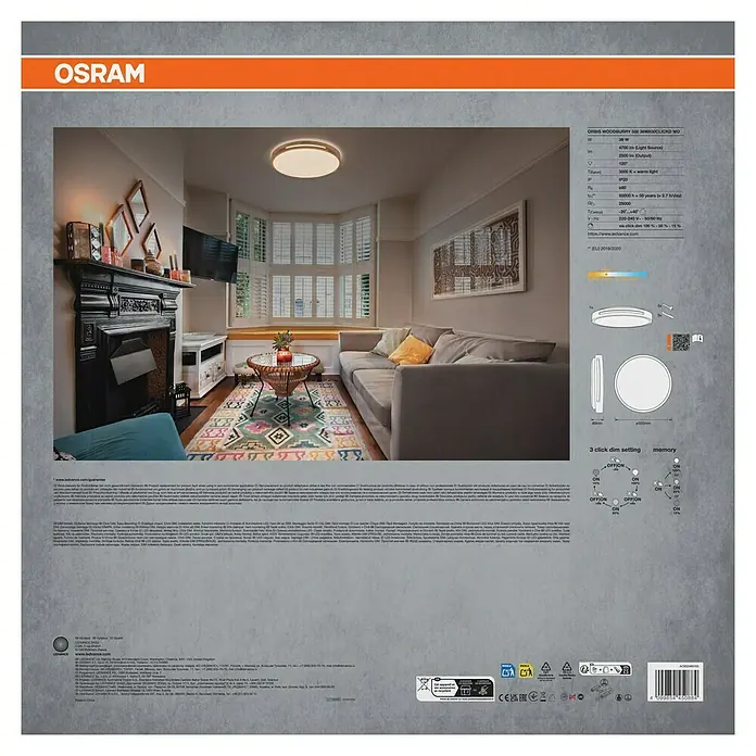 Osram Orbis LED-Deckenleuchte rund Woodburry - 36 W, Ø x H: 50 x 8 cm, Holzdekor, Warmweiß - Produktverpackung für OSRAM Woodburry 500 LED-Deckenleuchte, 36W, mit technischen Details und Anwendungsbeispielen.