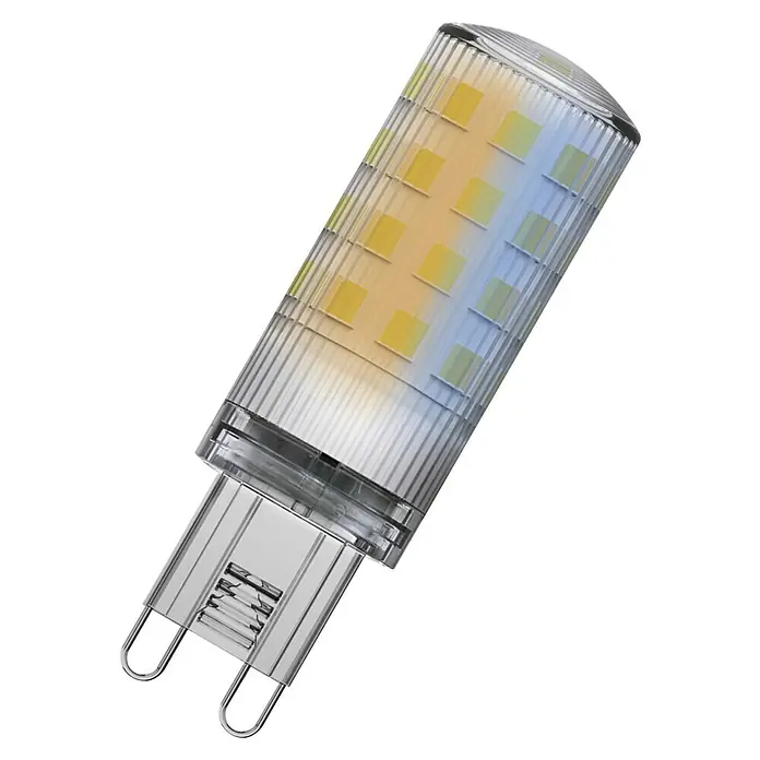 Osram Smart+ Smart-LED-Lampe - G9, 3,5 W, Mehrfarbig - Nahaufnahme einer G9-LED-Lampe, die energieeffizientes Licht mit ihrem klaren Design und warmweißen LEDs bietet. Ideal für moderne Beleuchtungslösungen.
