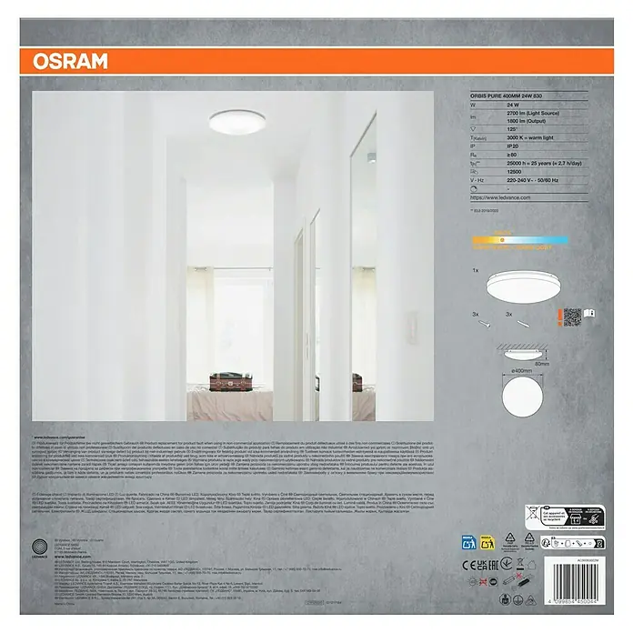 Osram LED-Wand- & Deckenleuchte rund Pure - 21 W, Ø x H: 400 mm x 8,8 cm, Weiß - Produktbild der Osram ORBIS PURE 400MM 24W 830 LED-Leuchte.