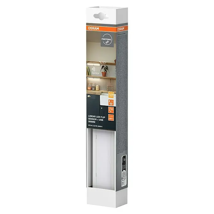 Osram LED-Unterbauleuchte Linear Flip - L x B x H: 30,5 x 4,9 x 2,6 cm, Lichtfarbe: Warmweiß - Produktverpackung einer Osram Linear LED Flip Sensor + USB Leuchte (305mm). Vielseitige Beleuchtung für den Innenbereich mit Sensor und USB-Anschluss.