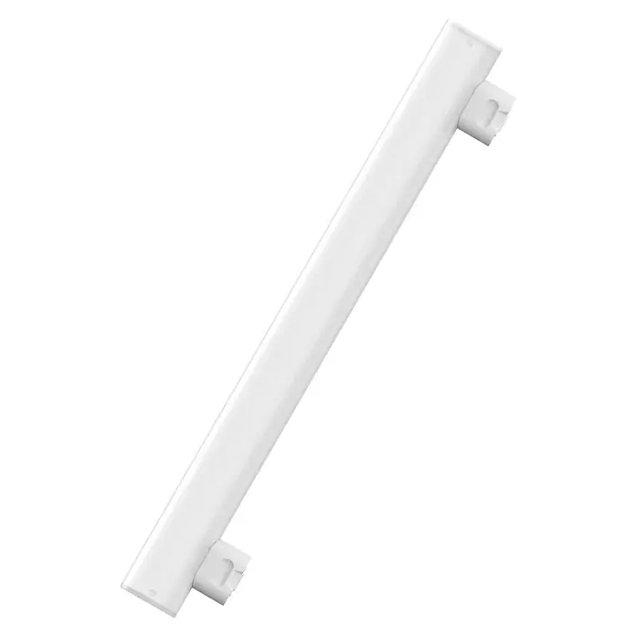 Osram Linienlampe LEDinestra - Länge: 300 mm, Warmweiß, 3 W, 250 lm, S14s - Nahaufnahme einer weißen LED-Leuchte. Das Produkt ist länglich mit Halterungen an beiden Enden und eignet sich zur Beleuchtung von Innenräumen.