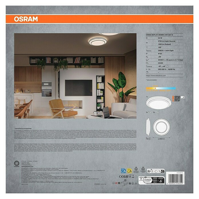 Osram Orbis LED okrogla stropna svetilka Berlin  (24 W, Ø x V: 39 x 7,8 cm, Srebrna, Toplo bela) | 3016 - Deckenleuchte | CACB - Deckenleuchten | CAC - Indoorleuchten | CA - Beleuchtung | C - Elektro | BAUHAUS