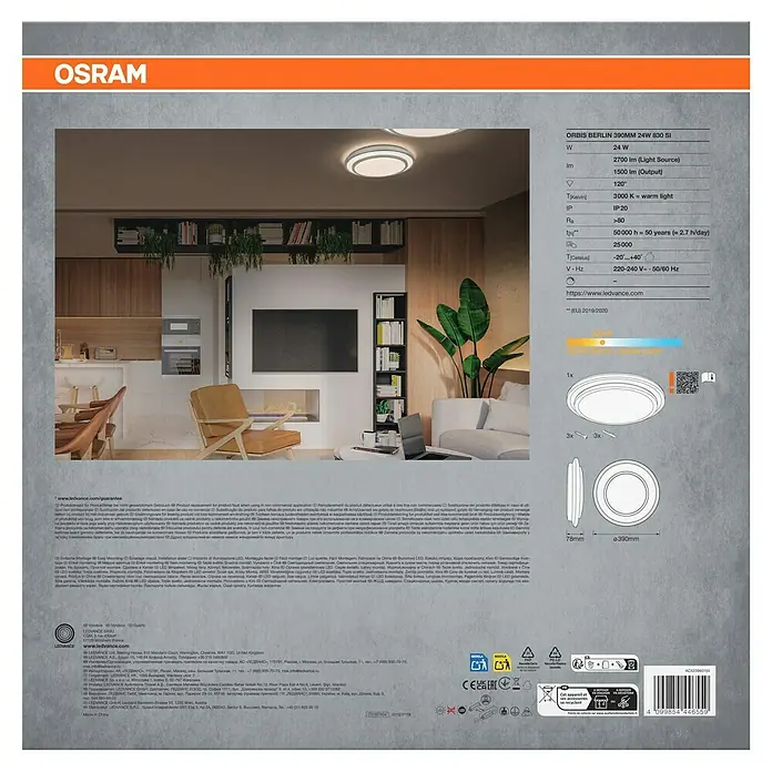 Osram Orbis LED-Deckenleuchte rund Berlin - 24 W, Ø x H: 39 x 7,8 cm, Silber, Warmweiß - Bild einer Produktverpackung für die ORBIS BERLIN 390MM 24W 830 SI LED-Deckenleuchte von OSRAM mit technischen Daten und Abmessungen.