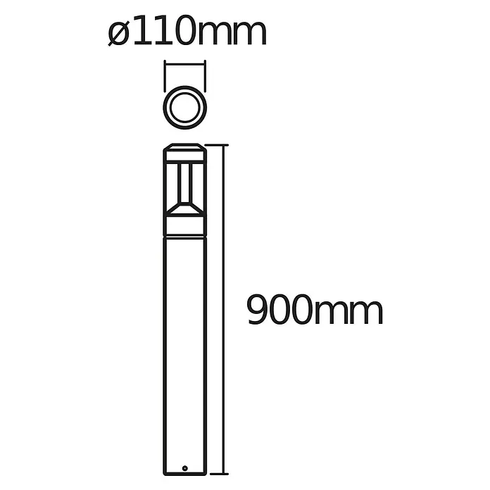 Osram Außensockelleuchte Lantern - Höhe: 90 cm, Warmweiß - Abbildung einer 900mm hohen Pollerleuchte mit einem Durchmesser von 110mm, dargestellt in einer technischen Zeichnung.