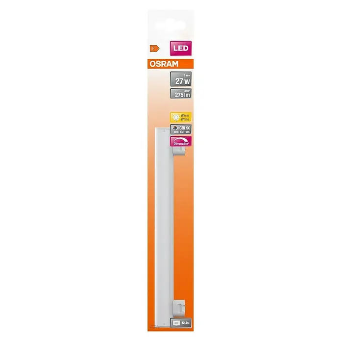 Osram Linienlampe LEDinestra - Länge: 300 mm, Warmweiß, 3 W, 250 lm, S14s - Ein Osram LED Leuchtmittel, das warmweißes Licht erzeugt und dimmbar ist, mit einer Leistung von 3W und einem Lichtstrom von 275 Lumen.