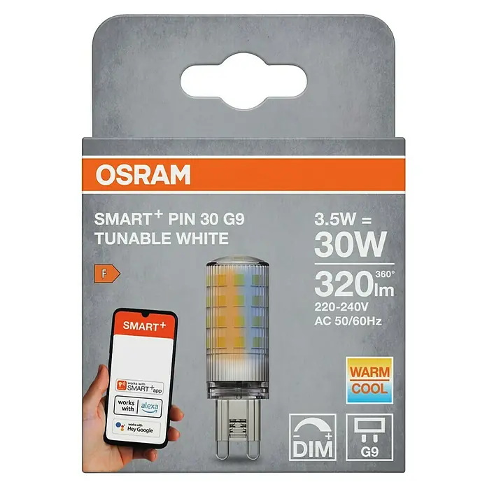 Osram Smart+ Smart-LED-Lampe - G9, 3,5 W, Mehrfarbig - Nahaufnahme einer OSRAM SMART+ PIN 30 G9 LED-Lampe mit der Aufschrift "Tunable White" und Details zu Leistung und Kompatibilität.