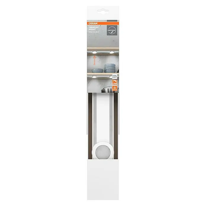 Osram LED-Unterbauleuchte Linear Magnet - L x B x H: 44,5 x 7,1 x 5,9 cm, Lichtfarbe: Kaltweiß, 220 V - 240 V - Produktverpackung für eine Osram Linear LED Magnetleuchte. Sie bietet 500 Lumen bei 7 Watt und 4000 K für funktionales Licht.