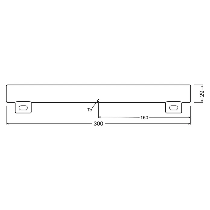 Osram Linienlampe LEDinestra - Länge: 300 mm, Warmweiß, 3 W, 250 lm, S14s - Darstellung eines Heizkörpers mit den Maßen 300 x 29 mm und einer Temperaturmessstelle (Tc) bei 150 mm.