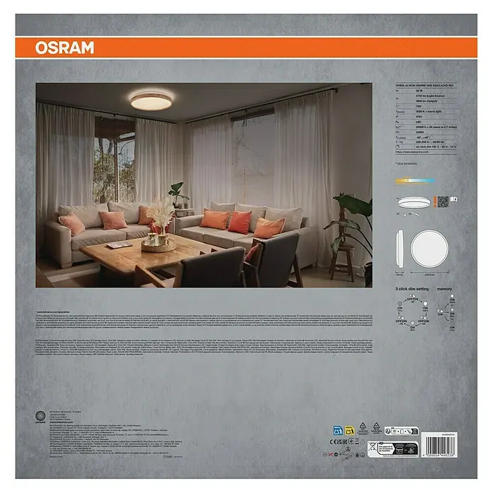 Osram Orbis LED-Deckenleuchte rund Alison - 36 W, Ø x H: 50 x 6,5 cm, Holzdekor, Warmweiß - Produktbild der OSRAM Orbis Alison 30W Deckenleuchte mit 3-fach Dimmfunktion und Memory Funktion, ideal für Wohnräume.