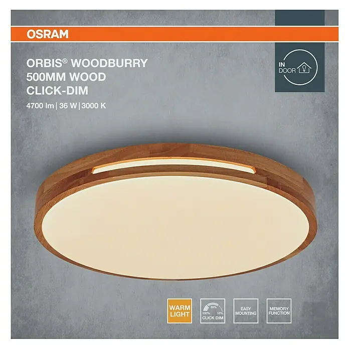Osram Orbis LED-Deckenleuchte rund Woodburry - 36 W, Ø x H: 50 x 8 cm, Holzdekor, Warmweiß - Eine runde OSRAM Orbis Woodburry Deckenleuchte mit Holzrahmen und warmweissem Licht, ideal für Innenräume und einfache Montage.