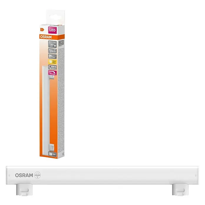 Osram Linienlampe LEDinestra - Länge: 300 mm, Warmweiß, 3 W, 250 lm, S14s - Produktabbildung einer OSRAM LED-Röhre mit 27 W und 275 Lumen in Verpackung und als einzelne Leuchte.