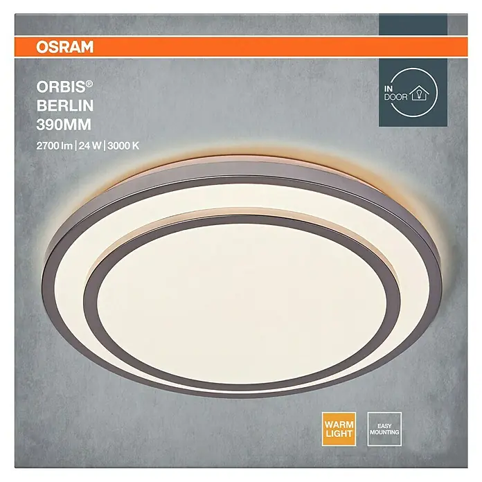 Osram Orbis LED-Deckenleuchte rund Berlin - 24 W, Ø x H: 39 x 7,8 cm, Silber, Warmweiß - Nahaufnahme der runden LED-Deckenleuchte Orbis® Berlin 390MM von OSRAM, die mit warmem Licht eine einfache Montage ermöglicht.