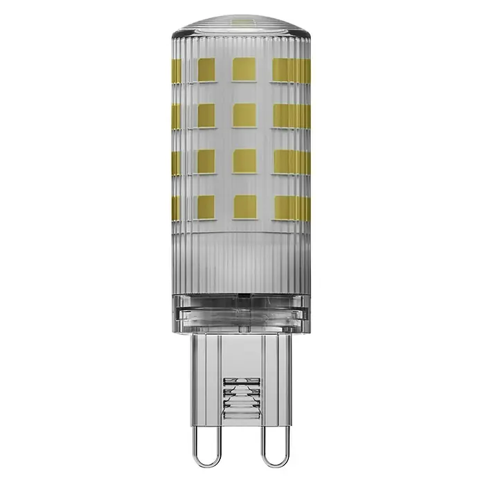 Osram Smart+ Smart-LED-Lampe - G9, 3,5 W, Mehrfarbig - Nahaufnahme einer G9 LED Lampe mit klarem Gehäuse und goldfarbenen LEDs, ideal für moderne Beleuchtungslösungen.