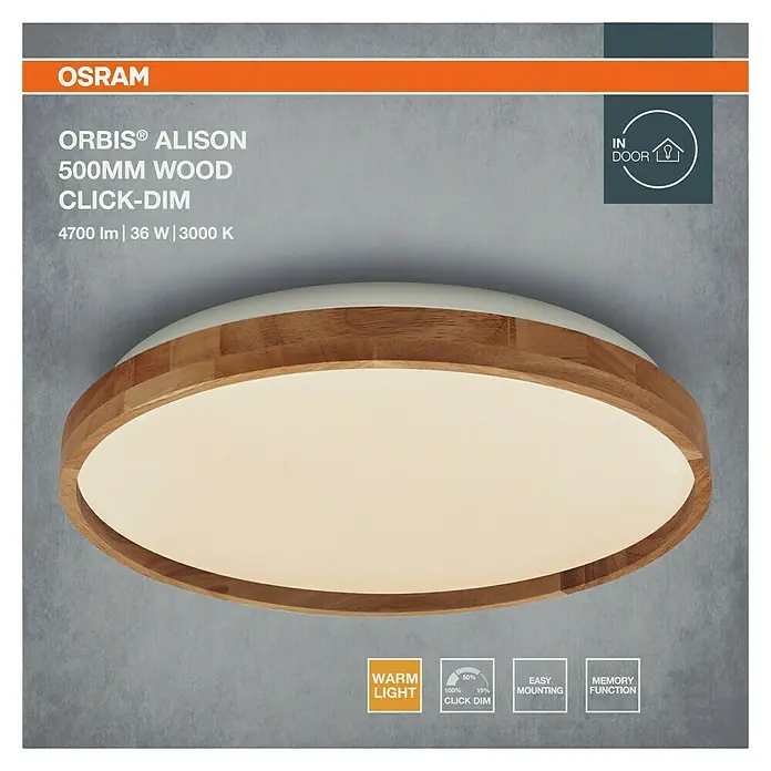 Osram Orbis LED-Deckenleuchte rund Alison - 36 W, Ø x H: 50 x 6,5 cm, Holzdekor, Warmweiß - Produktbild: OSRAM ORBIS® ALISON 500MM WOOD CLICK-DIM Deckenleuchte mit 4700 lm, 36 W und 3000 K, ideal für Innenräume.