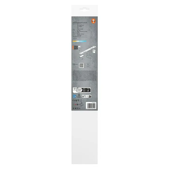 Osram LED-Unterbauleuchte Linear Magnet - L x B x H: 44,5 x 7,1 x 5,9 cm, Lichtfarbe: Kaltweiß, 220 V - 240 V - Nahaufnahme der LINEARLED Magnet 2Spot 400 SEN 840 Verpackung mit technischen Daten und Montageanleitung.