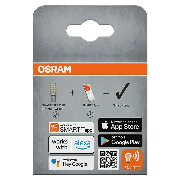 Osram Smart+ Smart-LED-Lampe - G9, 3,5 W, Mehrfarbig - Die Verpackung einer Osram SMART+ PIN 30 G9 Lampe, die mit der SMART+ App, Alexa und Google Home kompatibel ist und im Smart Home verwendet werden kann.