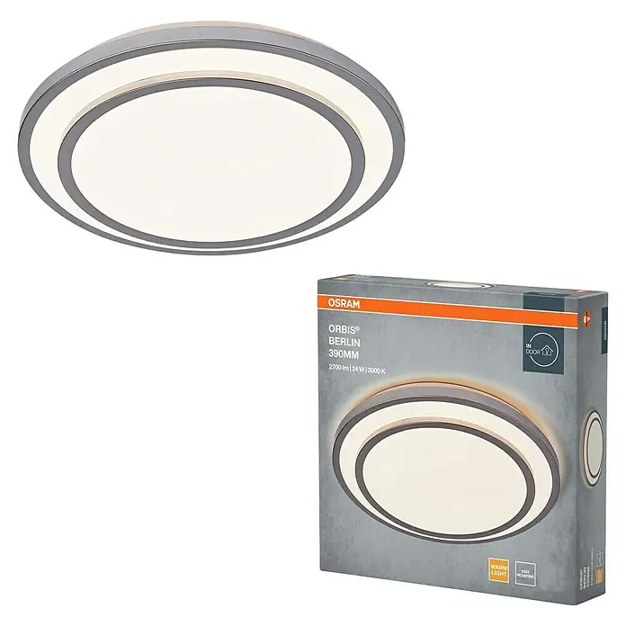 Osram Orbis LED-Deckenleuchte rund Berlin - 24 W, Ø x H: 39 x 7,8 cm, Silber, Warmweiß - Ein modernes, rundes LED-Deckenlicht von Osram Orbis Berlin, ideal für Innenräume, mit warmweißem Licht und einfacher Montage, zusammen mit der Verpackung.