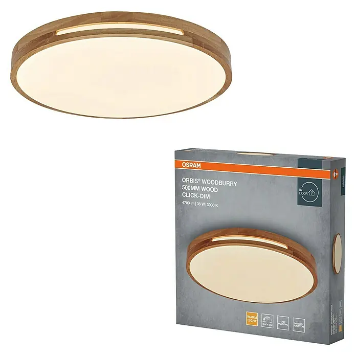 Osram Orbis LED-Deckenleuchte rund Woodburry - 36 W, Ø x H: 50 x 8 cm, Holzdekor, Warmweiß - Nahaufnahme einer OSRAM ORBIS® WOODBURRY LED-Deckenleuchte mit Holzoptik, 500mm Durchmesser, warmweißem Licht und Click-Dim-Funktion.