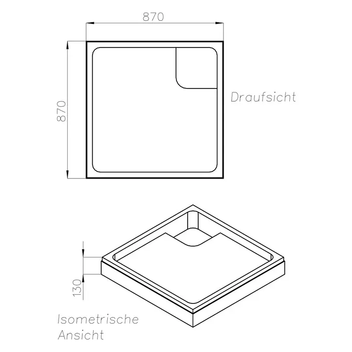 Ottofond Duschwannenträger Coco-Q - L x B: 87 x 87 cm, Expandiertes Polystyrol, Weiß - Draufsicht und isometrische Ansicht einer Duschwanne mit den Maßen 870x870x130 mm.