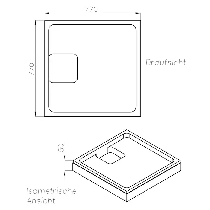 Ottofond Duschwannenträger Liberia - L x B: 77 x 77 cm, Expandiertes Polystyrol, Weiß - Draufsicht und isometrische Ansicht einer quadratischen Duschwanne mit den Maßen 770x770mm und einer Höhe von 150mm.