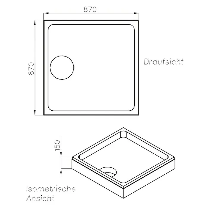 Ottofond Duschwannenträger Liberia - L x B: 87 x 87 cm, Expandiertes Polystyrol, Weiß - Bild einer Duschwanne im technischen Stil mit Abmessungen.