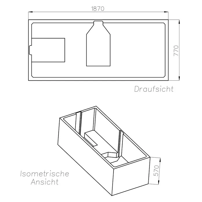 Ottofond Badewannenträger Santos Duo - Passend für: Badewanne Santos Duo 190 x 80 cm - Draufsicht und isometrische Ansicht einer Badewanne mit den Maßen 1870x770x570 mm. Technische Zeichnung der Wanne mit Details.