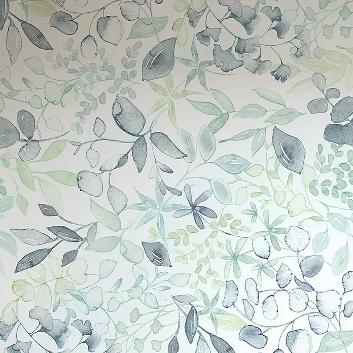 A.S. Création Aquarell Dreams Fototapete Blätterranke - B x H: 159 x 280 cm, Vlies, Blau-Grün - Ein zartes florales Muster mit Aquarellblättern in beruhigenden Blau- und Grüntönen, das eine ruhige, natürliche Atmosphäre schafft.