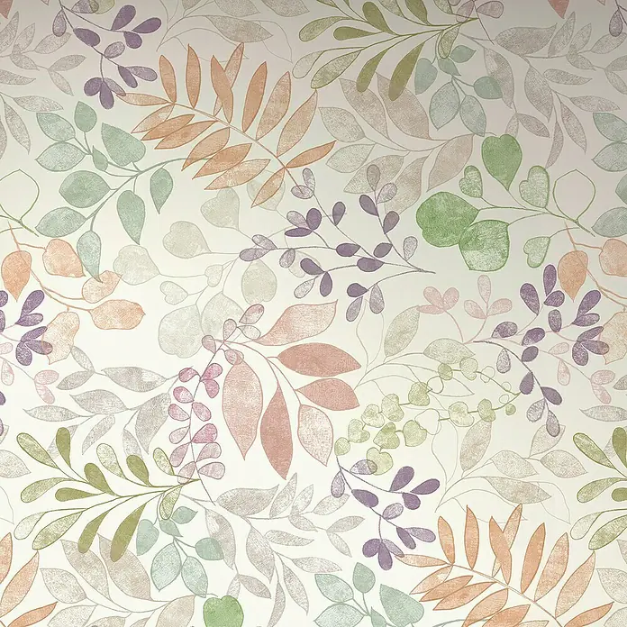 A.S. Création Aquarell Dreams Fototapete Blätterdesign - B x H: 159 x 280 cm, Vlies, Creme-Grün - Abstraktes botanisches Muster mit zarten Blättern in sanften Grün-, Lila- und Orangetönen auf einem cremefarbenen Hintergrund.