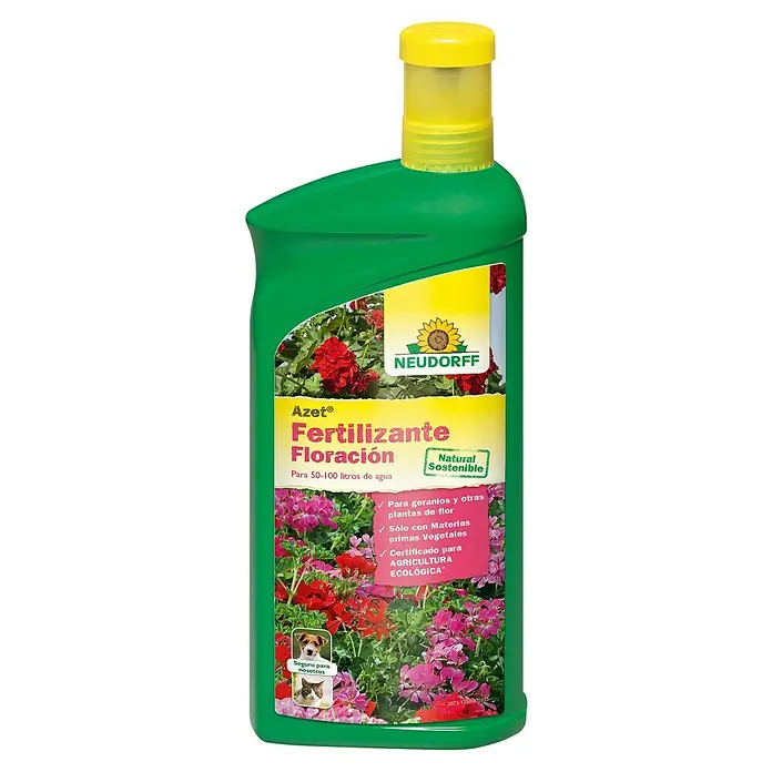 Neudorff Fertilizante universal Bio trissol - 1 l - Botella verde de fertilizante para plantas con flor Azet® de Neudorff, apto para geranios y otras plantas con flor, con la nota "Natural Sostenible".