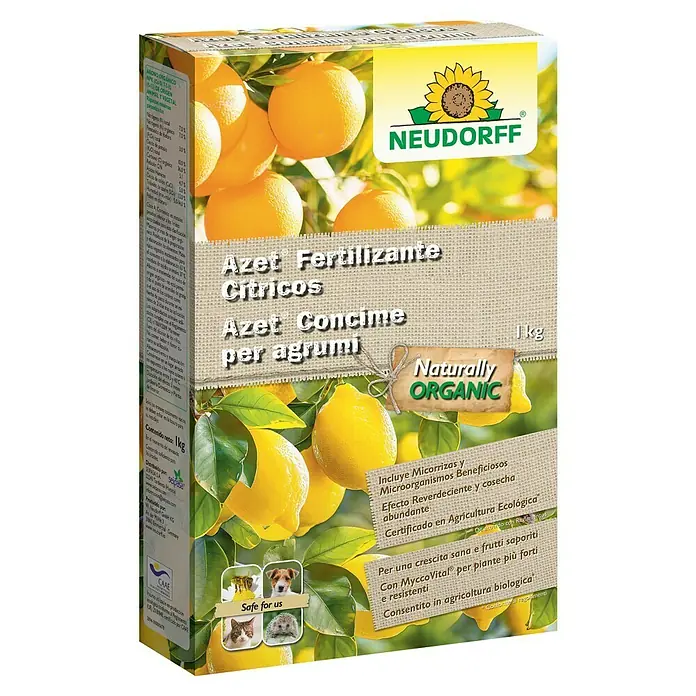 Neudorff Fertilizante para cítricos Azet - 1 kg - Envase de fertilizante cítrico orgánico Neudorff Azet, con limones y naranjas, que promociona un fertilizante natural y orgánico para cítricos.