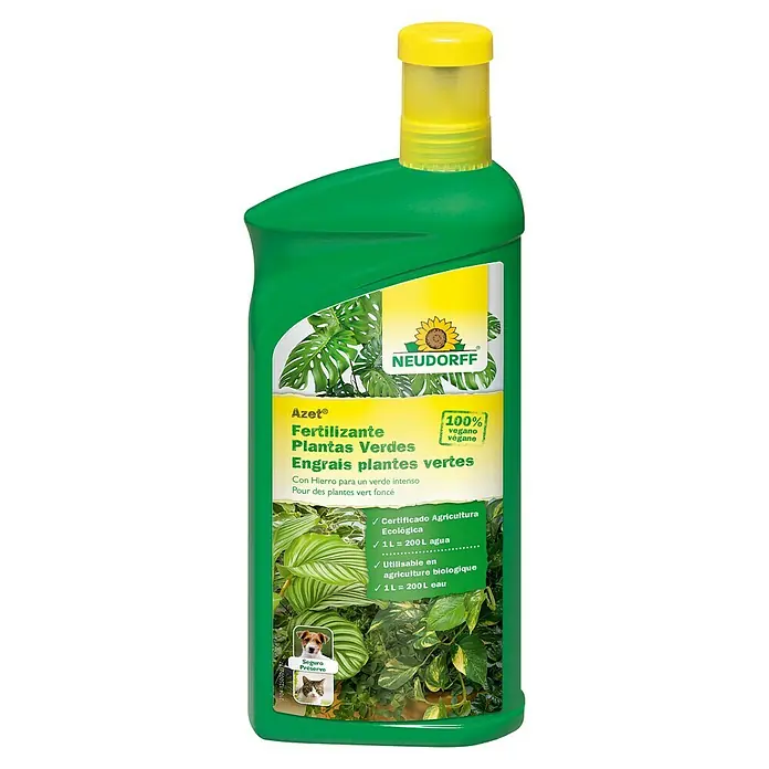 Neudorff Fertilizante universal Plantas Verdes Bio Trissol - 1 l - Botella verde de fertilizante Neudorff Azet® para plantas verdes, con tapón amarillo. Contiene hierro y es apto para la agricultura ecológica.