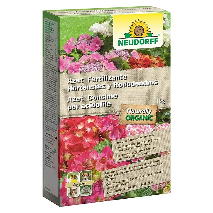 Neudorff Fertilizante universal Hortensias y Rododendros Azet - 1 kg - Paquete de fertilizante Neudorff Azet para hortensias y rododendros, un fertilizante orgánico para flores abundantes.