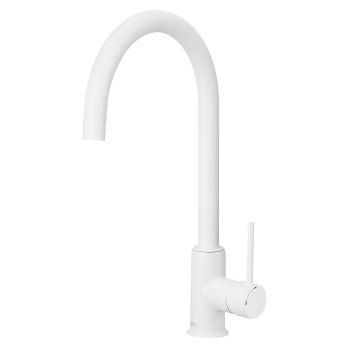 Roca Grifo de cocina Etna Cold Start - Blanco - Un elegante grifo de cocina blanco con un caño alto y arqueado y una palanca lateral para el control del flujo y la temperatura del agua.