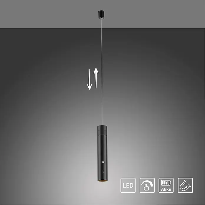 Just Light LED-Akku-Pendelleuchte Attach - 3 W, Schwarz, Warmweiß - Hängelampe mit LED-Technologie, Akkubetrieb und magnetischer Befestigung für flexible Beleuchtungslösungen.\n