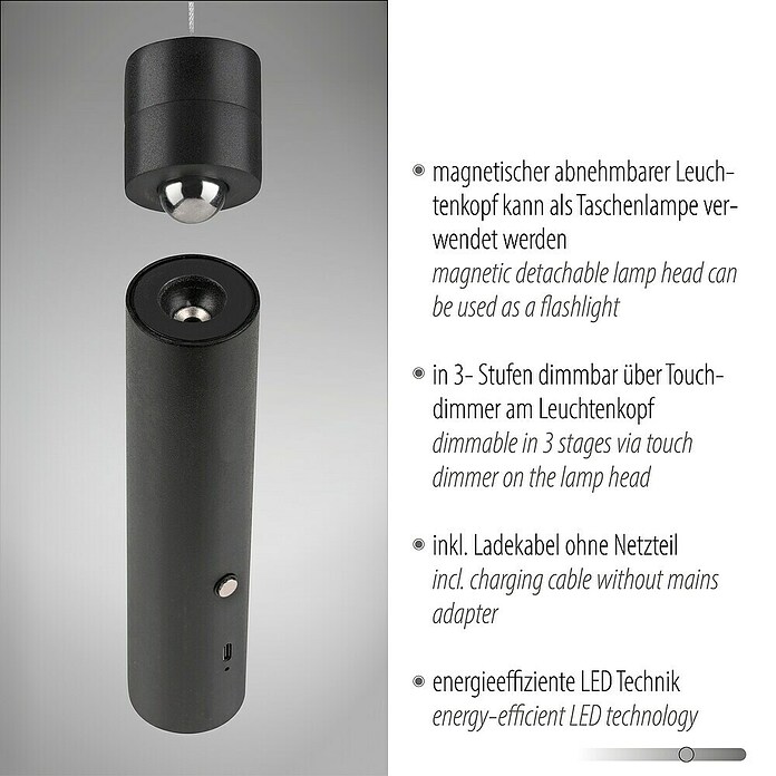 Just Light Led-pendellamp op accu Attach (3 W, Zwart, Warm wit) | BAUHAUS