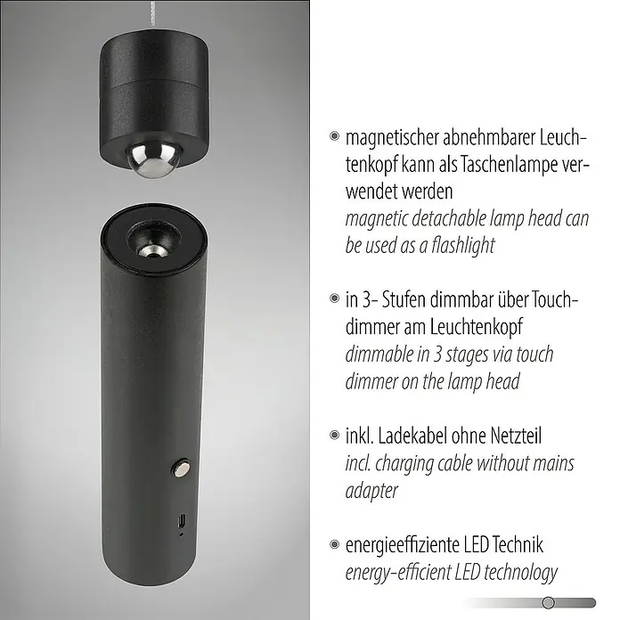 Just Light LED-Akku-Pendelleuchte Attach - 3 W, Schwarz, Warmweiß - Magnetische LED-Leuchte mit abnehmbarem Kopf zur Verwendung als Taschenlampe, dimmbar und mit energiesparender LED-Technik.