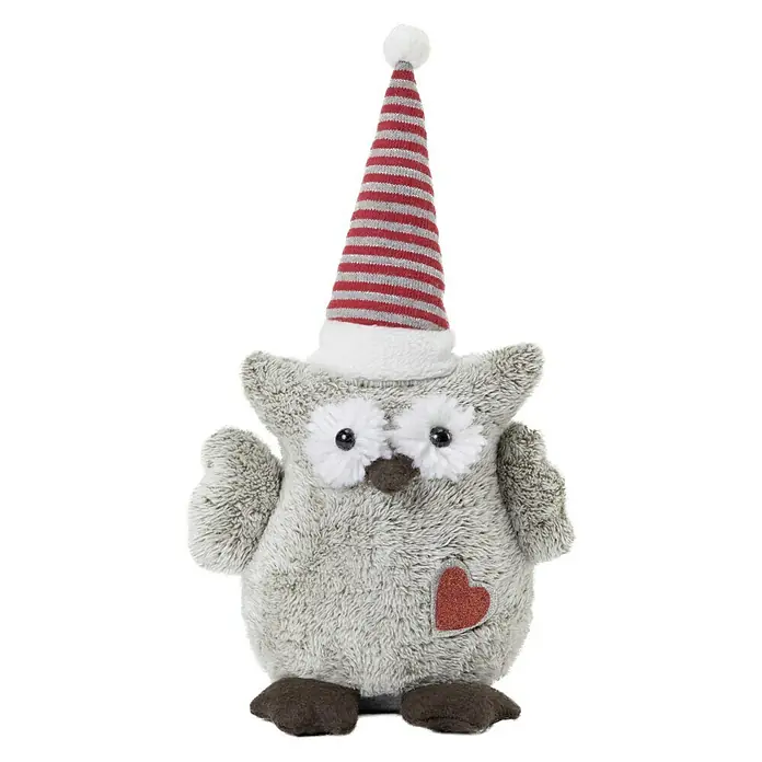 Figura decorativa Búho Lars - L x An x Al: 25 x 12 x 30 cm, Textil - Un peluche de búho gris y acogedor con un gorro navideño de rayas rojas y grises y un pequeño corazón rojo en su vientre.