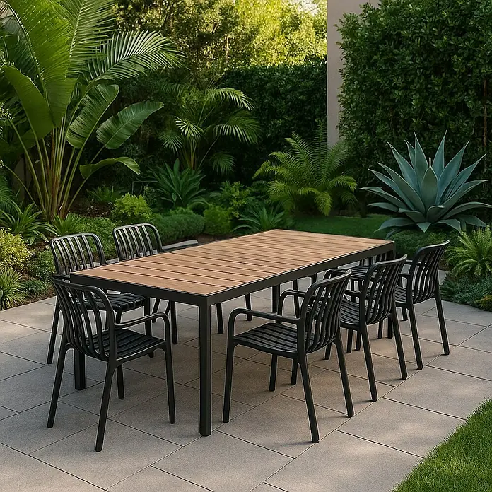 Sunfun Mesa de jardín Bellua - L x An x Al: 222 x 100 x 74 cm, Aluminio/Polywood, Antracita/Natural - Moderno conjunto de muebles de jardín con una mesa de madera y ocho sillas negras, en medio de una exuberante vegetación.
