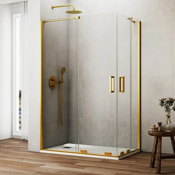 GME Mampara de ducha esquinera Kenna - L x An x Al: 100 x 90 x 195 cm, Oro - Elegante cabina de ducha con herrajes dorados y vidrio transparente. El diseño moderno añade un toque de lujo a cualquier baño.