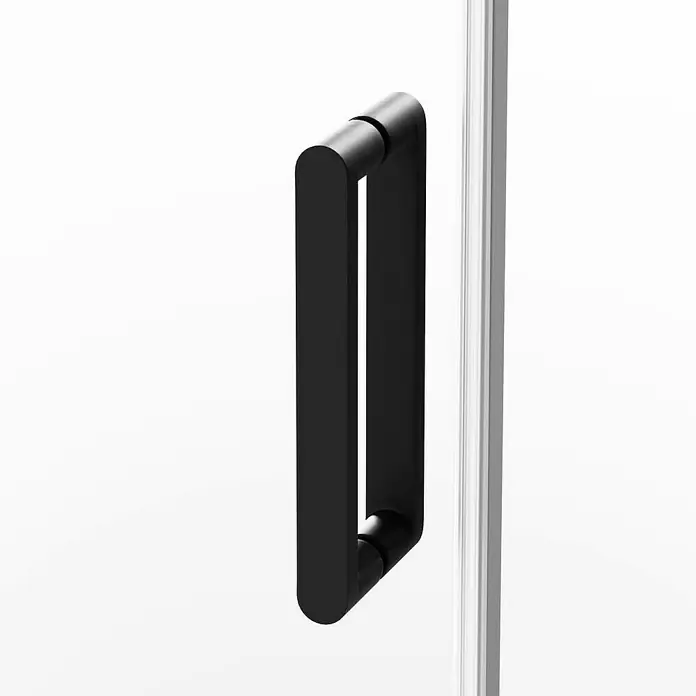 GME Mampara de ducha esquinera Kenna - L x An x Al: 85 x 70 x 195 cm, Negro - Manija negra en una cabina de ducha moderna. El diseño es sencillo y elegante, combinando con el estilo minimalista del baño.