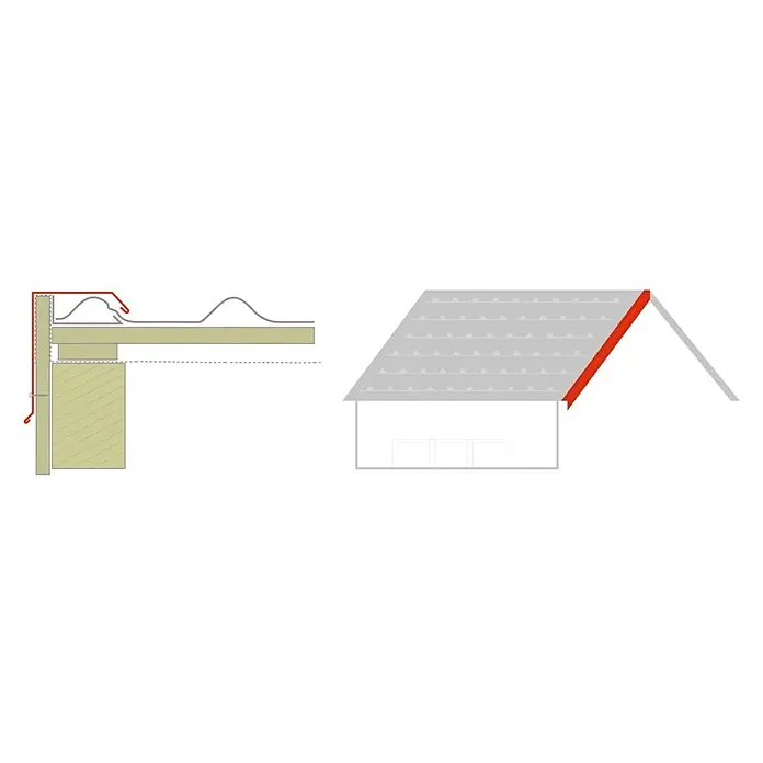 Metdach Kantenwinkel Ortgang - Schwarz, 200 cm, Stahl - Detailansicht eines Daches mit Fokus auf die rote Dachrinne und die Bauweise, die das Dach vor Witterungseinflüssen schützt.