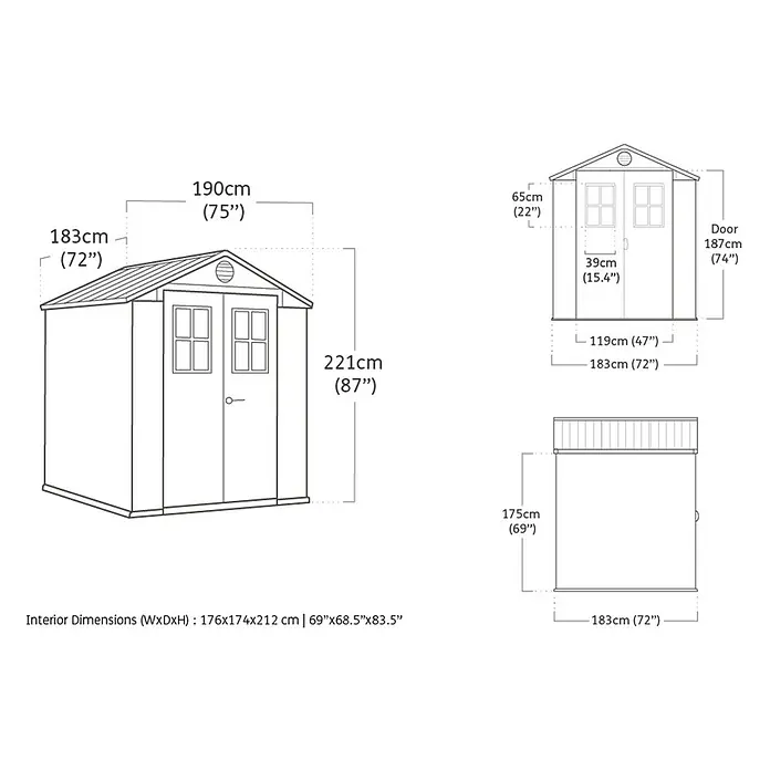 Keter Caseta de jardín Darwin 6X6 II - Medidas ext. (An x Pr): 190 x 183 cm, Plástico, Marrón, 3,3 m² - Diagrama dimensional de la caseta de jardín, con dimensiones generales y medidas interiores.