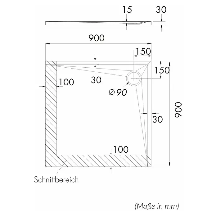 Duschboard Velto - L x B: 90 x 90 cm, Black Stone, Materialspezifizierung: Mattierte Oberfläche mit Steinstruktur - Technische Zeichnung einer quadratischen Duschwanne mit Abmessungen und Details zur Installation.