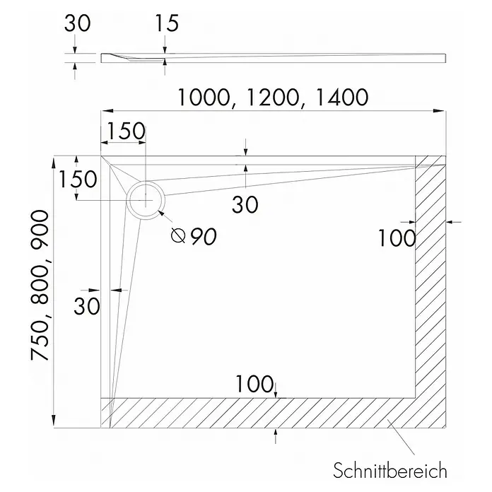 Duschboard Velto - L x B: 75 x 140 cm, White Stone, Materialspezifizierung: Mattierte Oberfläche mit Steinstruktur - Technische Zeichnung einer Duschwanne mit Maßen 1000, 1200, 1400 mm Länge und 750, 800, 900 mm Breite, inklusive Ablaufposition und Wandabstand.