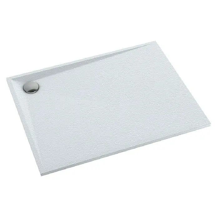 Duschboard Velto - L x B: 75 x 140 cm, White Stone, Materialspezifizierung: Mattierte Oberfläche mit Steinstruktur - Elegante, weiße Duschwanne mit strukturierten Oberfläche und einem glänzenden Abfluss. Perfekt für ein modernes Badezimmerdesign.