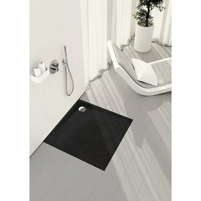 Duschboard Velto - L x B: 90 x 90 cm, Black Stone, Materialspezifizierung: Mattierte Oberfläche mit Steinstruktur - Elegante, dunkle Duschwanne mit modernem Design und praktischem Ablauf, passend für jedes Badezimmer.
