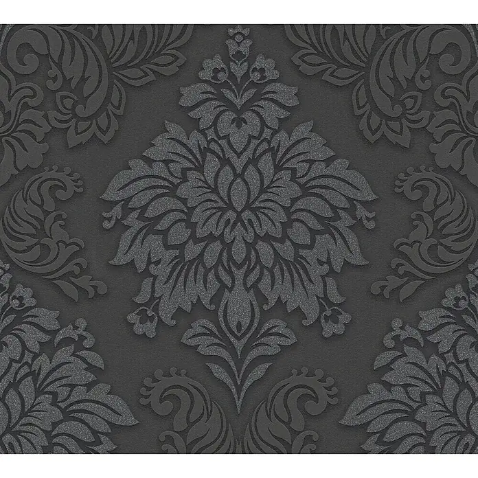 A.S. Création Metropolitan Stories Vliestapete Damask - Grau/Schwarz, Ornament, 10,05 x 0,53 m - Dunkelgraue Tapete mit stilisiertem, floralem Muster für eine elegante Wandgestaltung in jedem Raum.
