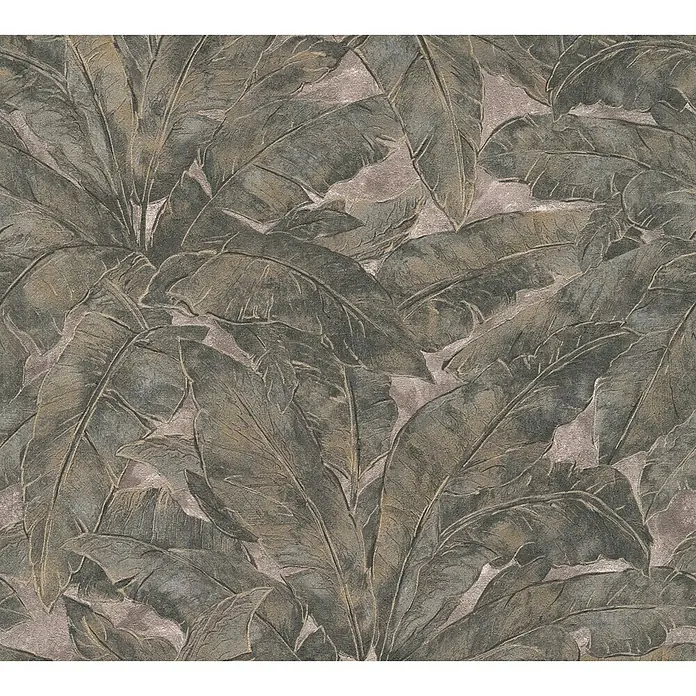 A.S. Création Metropolitan Stories Vliestapete Blätter - Braun/Grau, Floral, 10,05 x 0,53 m - Eine Nahaufnahme einer dunklen Tapete mit tropischen Blättern, die eine strukturierte Oberfläche und ein auffälliges Muster aufweist.